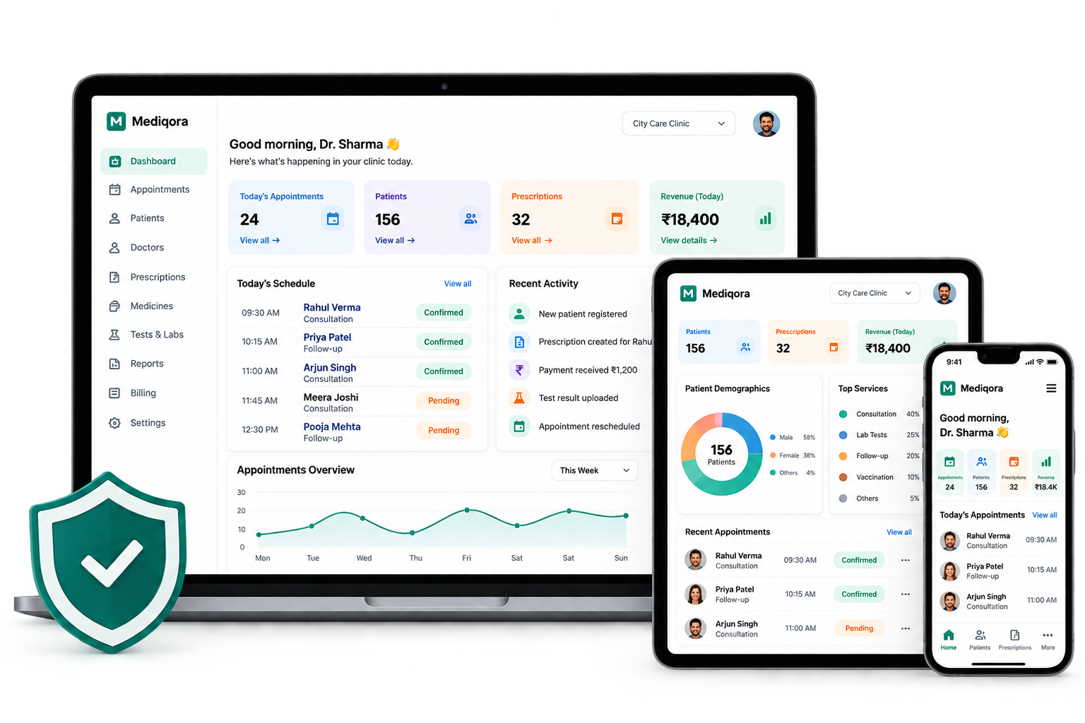 Mediqora multi-device dashboard mockup